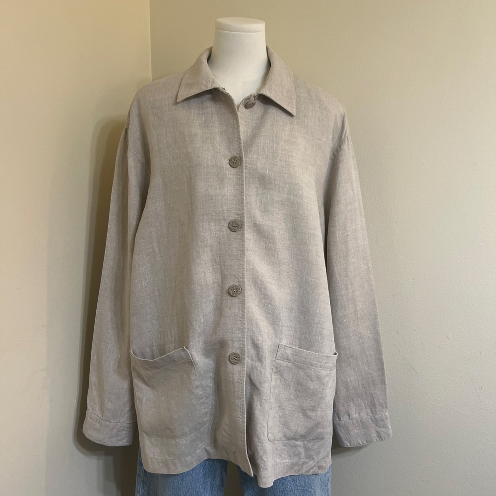 Valerie Stevens Pure Linen Jacket Womens 14 Beige Button Front Pocket Shacket